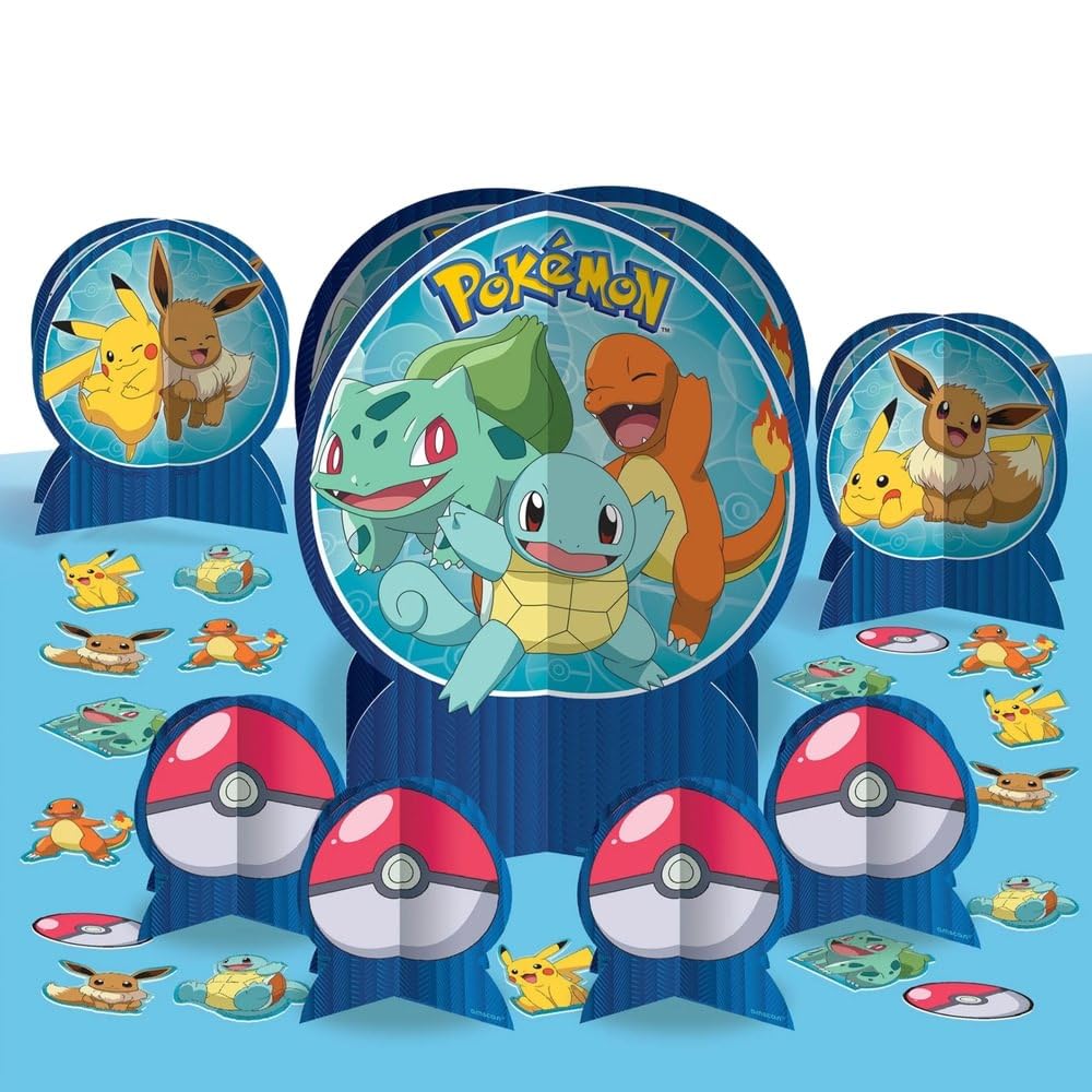 Amscan Pokemon Classic Table Centerpiece Kit with blue centerpiece enhances party decor for Pokémon fans.