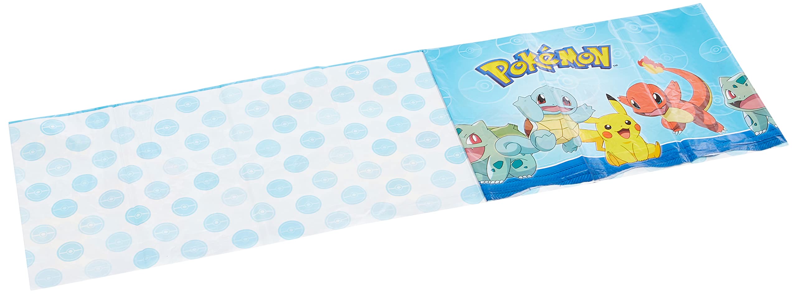 Amscan Pokémon party setup showcases the table cover for vibrant ambiance.