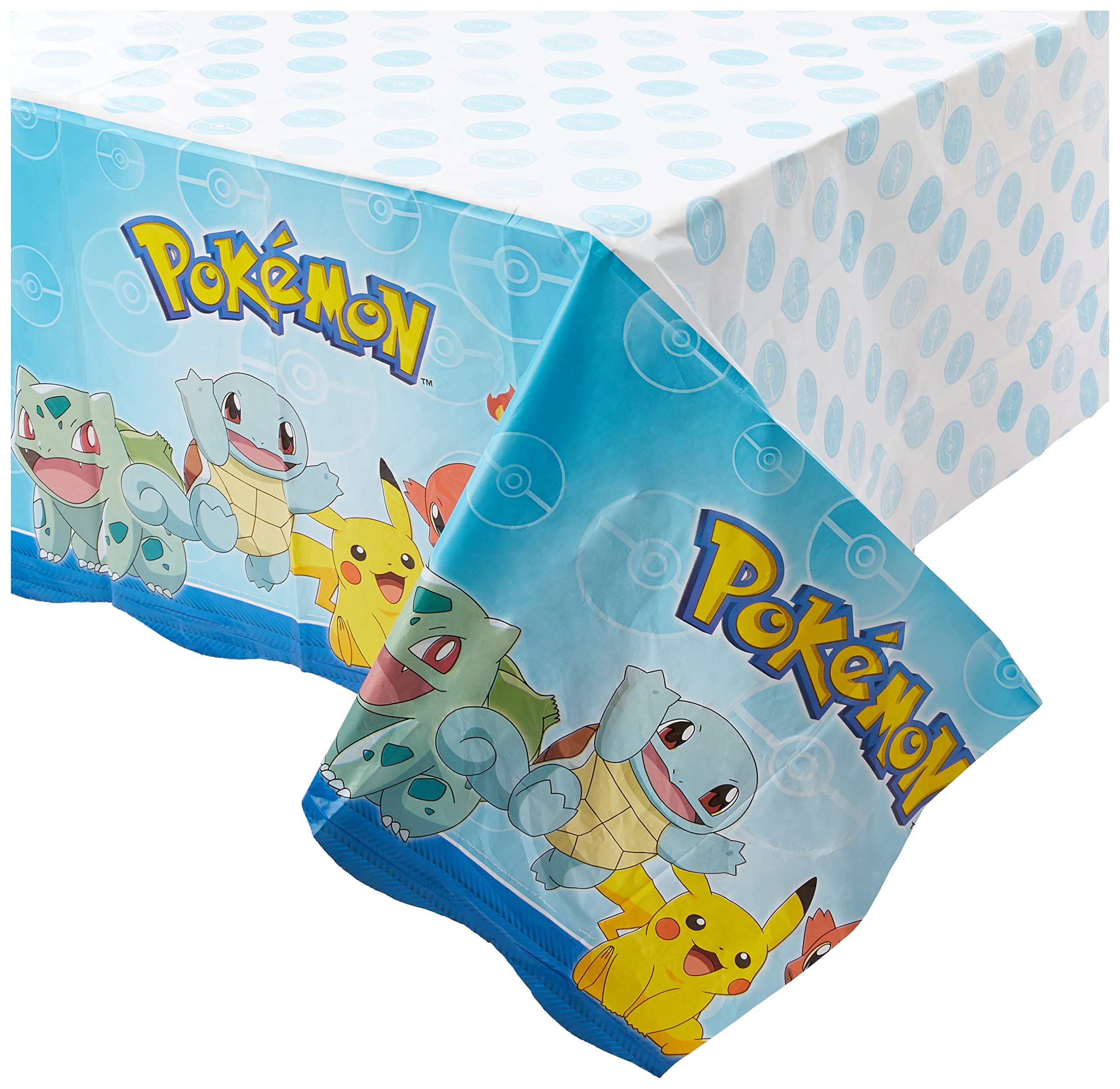 Amscan Pokémon plastic table cover 54x96 protecting surfaces with vibrant graphics.