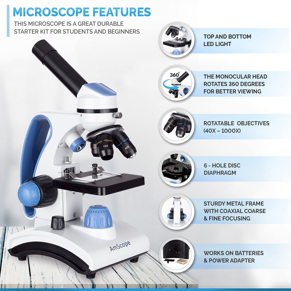 AmScope M162C-2L-PB10-WM sturdy metal frame supports precise focusing.