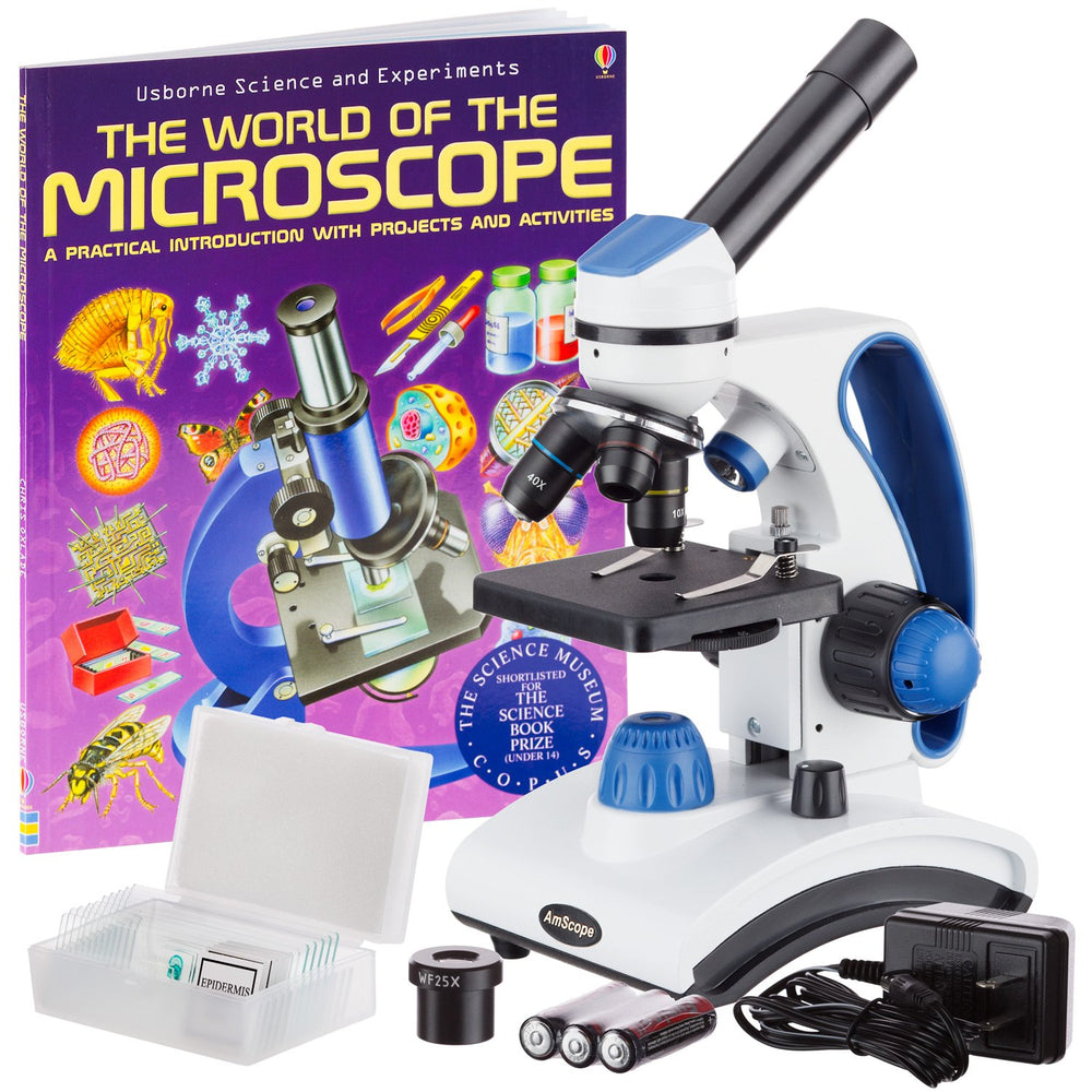 AmScope M162C-2L-PB10-WM top LED illumination for bright, detailed viewing.
