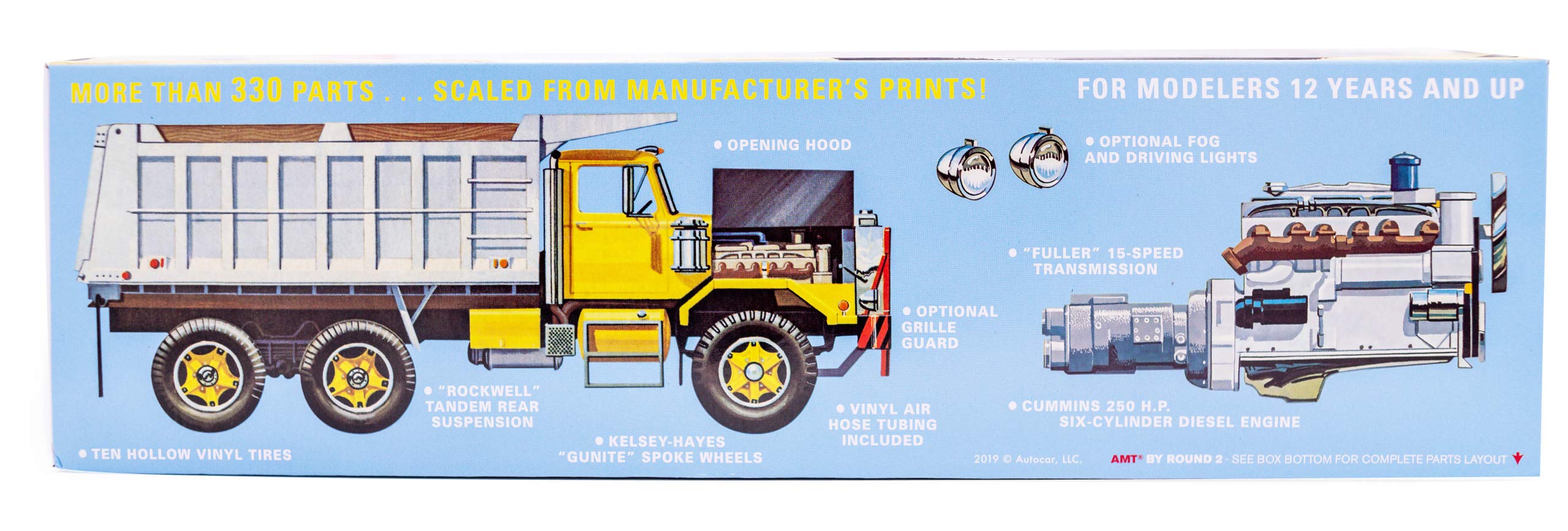 AMT Autocar Dump Truck chassis close-up highlights precision parts for hobbyists.