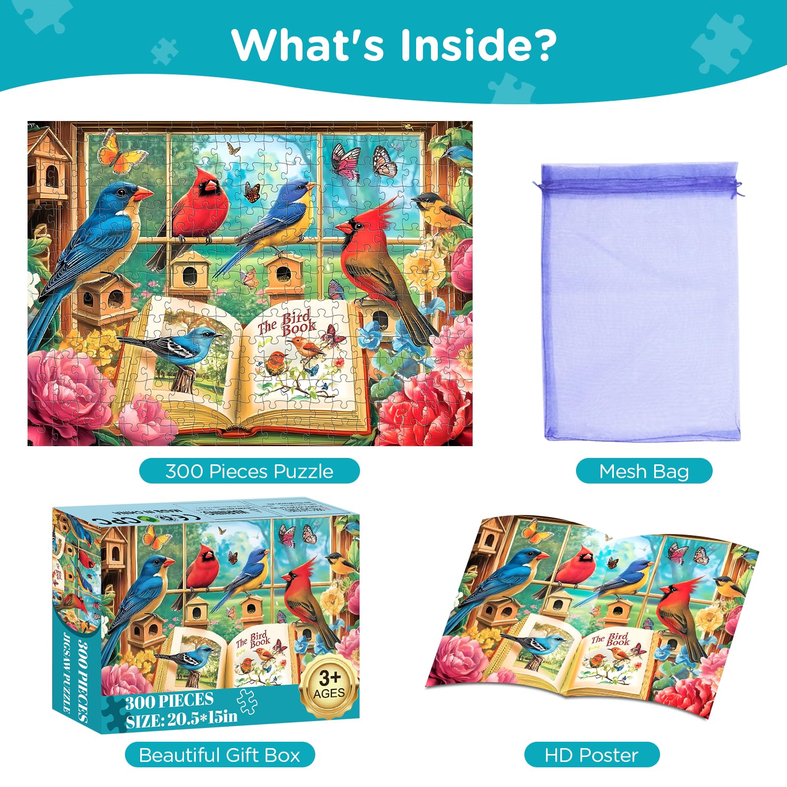 Amusding Bird Book 300-piece puzzle pieces, thick and durable for reuse