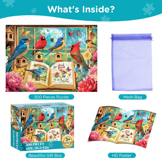 Amusding Bird Book 300-piece puzzle pieces, thick and durable for reuse