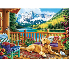 Amusding Dog Mountain Puzzle on porch, perfect for relaxing evenings