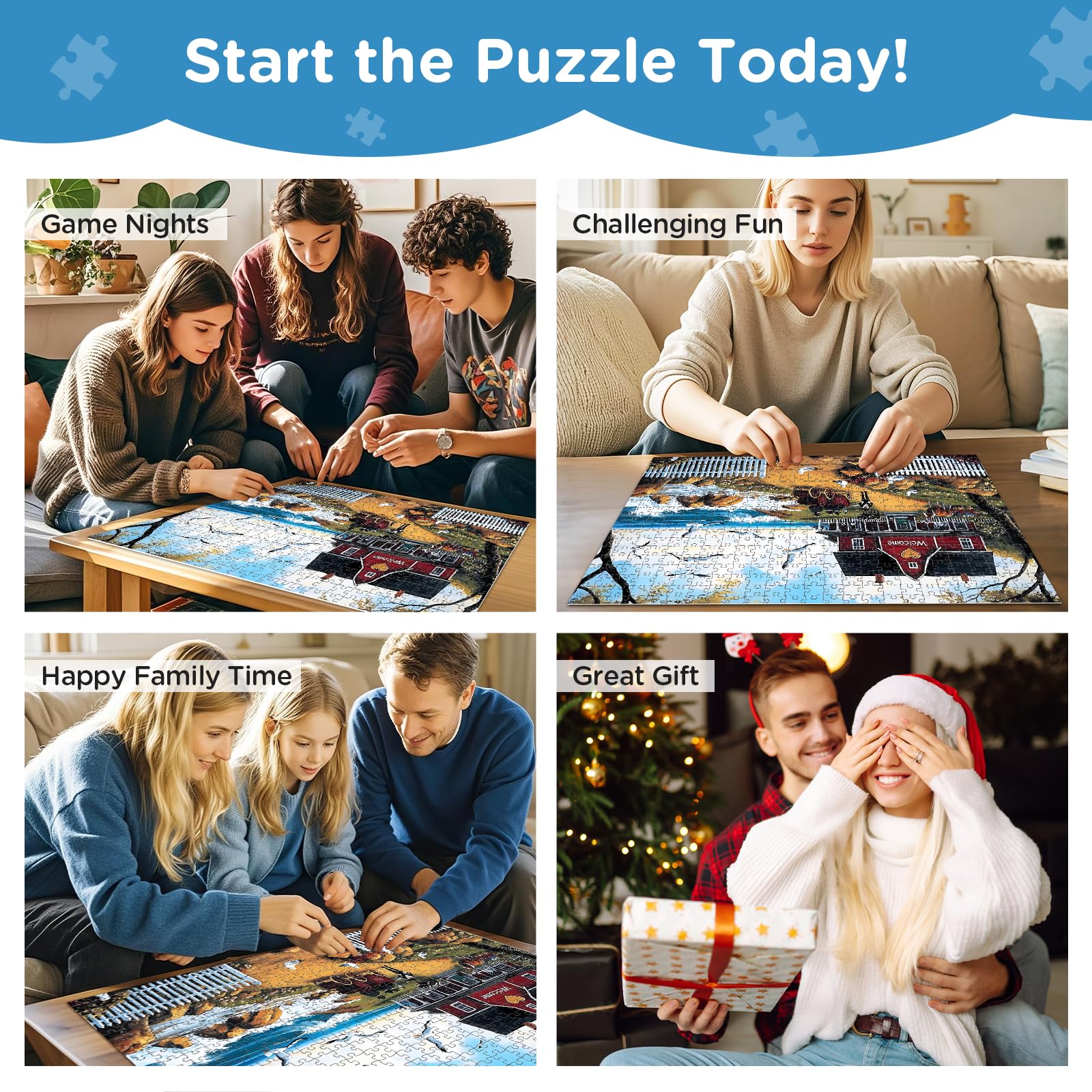 Thick recycled cardboard puzzle construction for durable pieces.