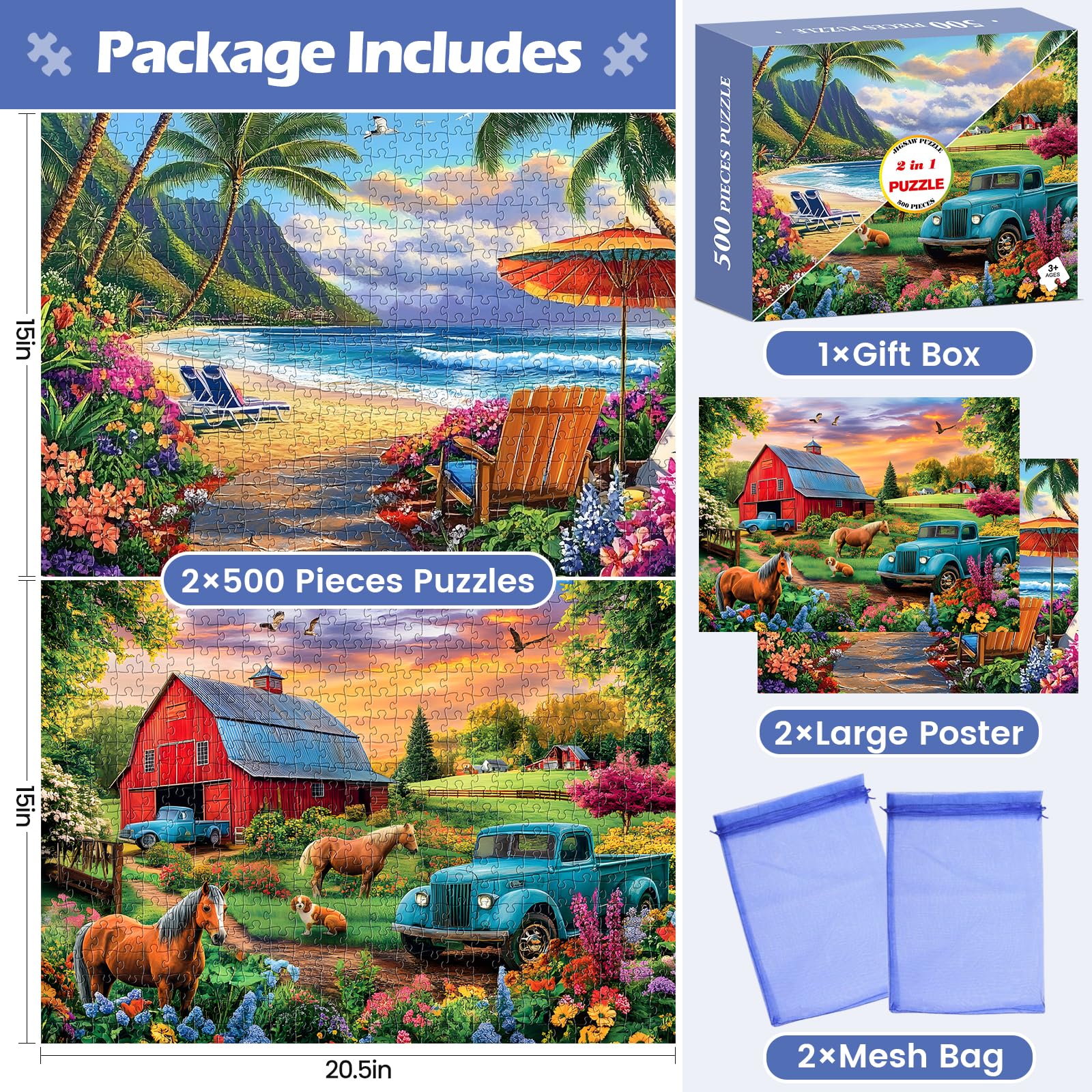 Amusding Two-in-One 500-piece puzzle set: versatile challenge for groups.
