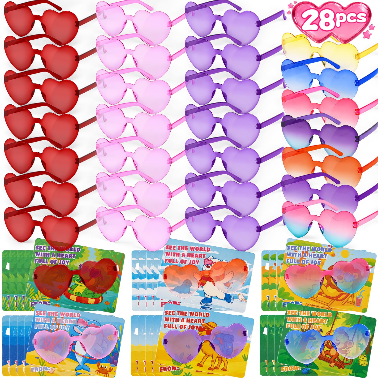 Amy & Benton heart-shaped kids' sunglasses with 28 Valentine cards for classroom exchanges.
