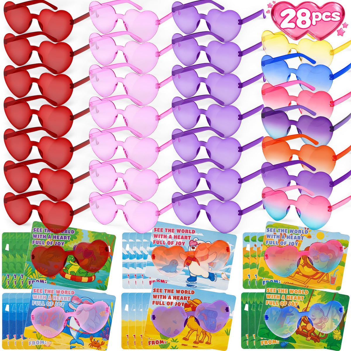 Amy & Benton heart-shaped kids' sunglasses with 28 Valentine cards for classroom exchanges.