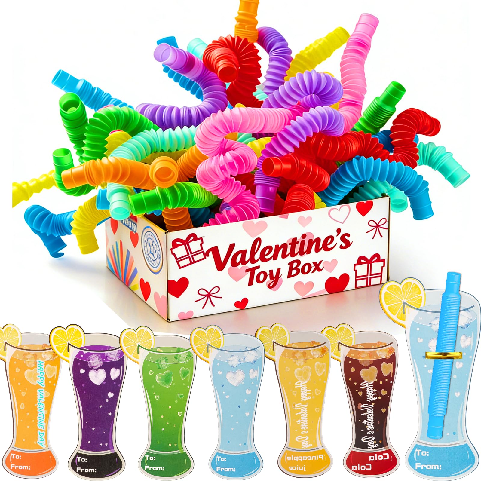 Amy & Benton valentines pop-tube cards for classroom exchanges; durable and mess-free.