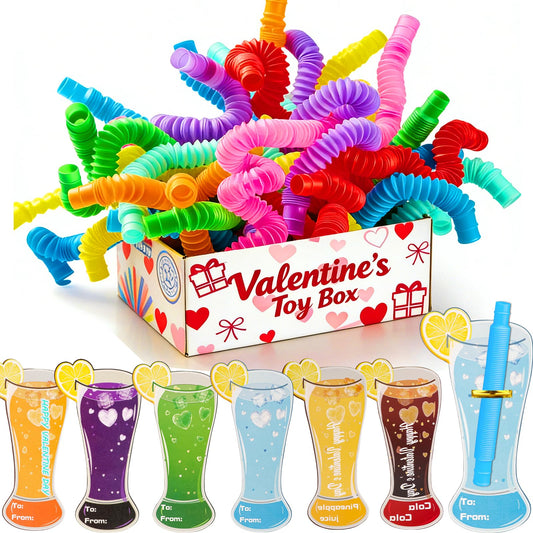 Amy & Benton valentines pop-tube cards for classroom exchanges; durable and mess-free.