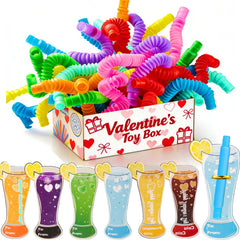 Amy & Benton valentines pop-tube cards for classroom exchanges; durable and mess-free.