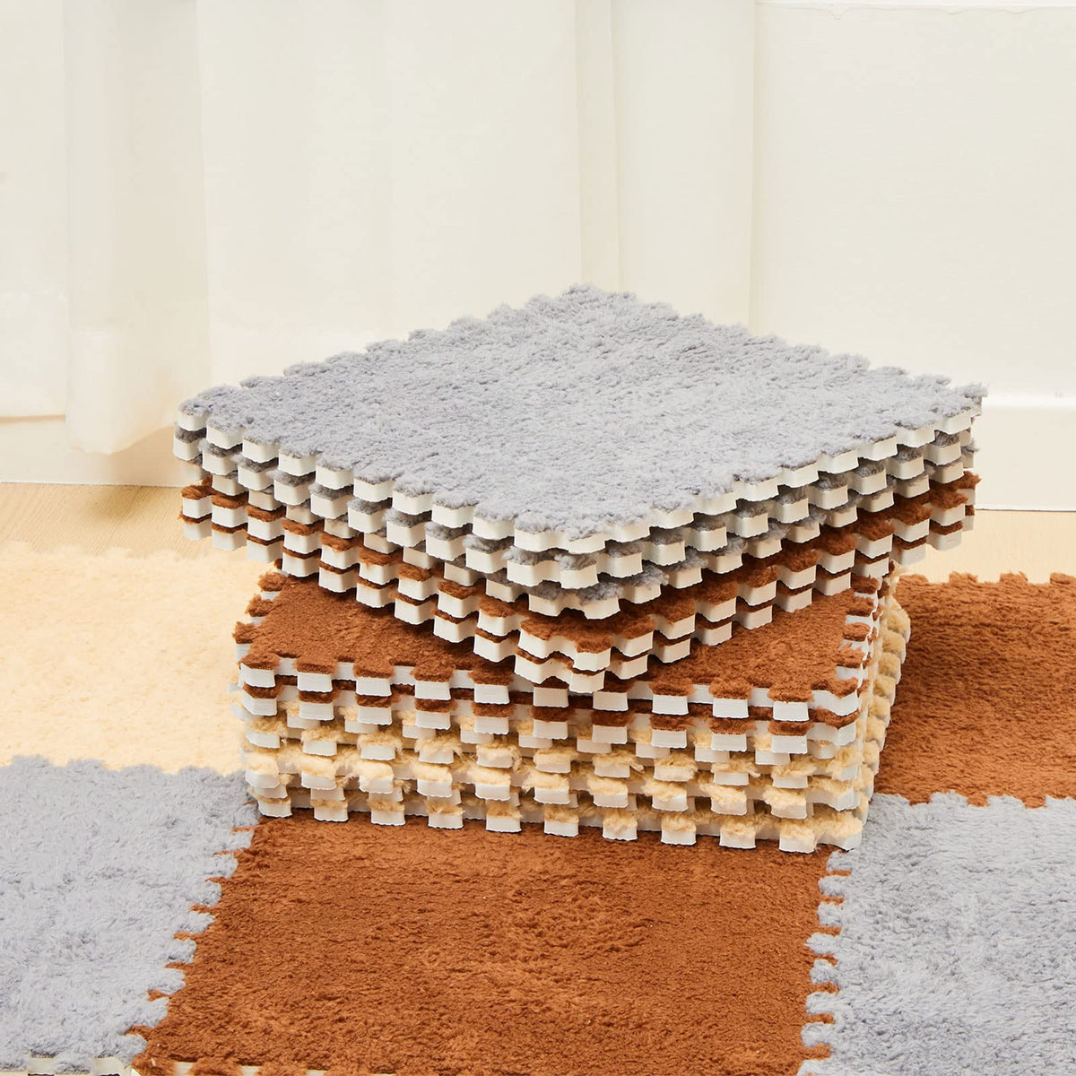 Amylove apricot fluffy floor tile offers a cozy play surface.