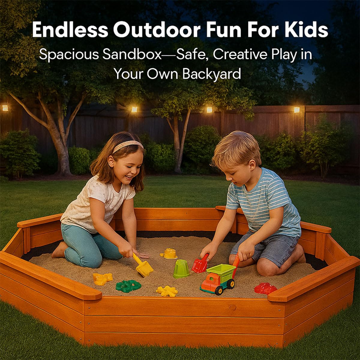 AMZOSS built-in benches on octagon sandbox surface for seating during play.