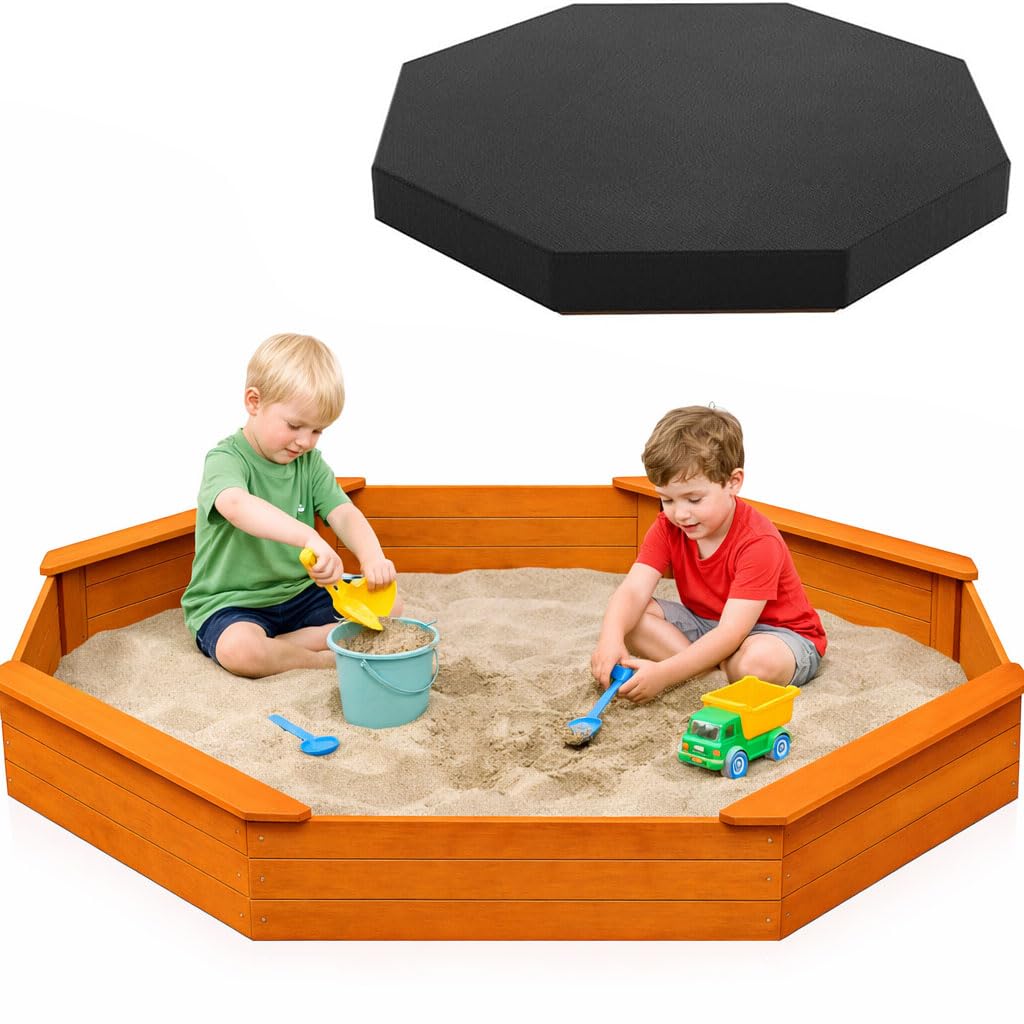 AMZOSS octagon sandbox with built-in benches, spacious backyard play area for kids.
