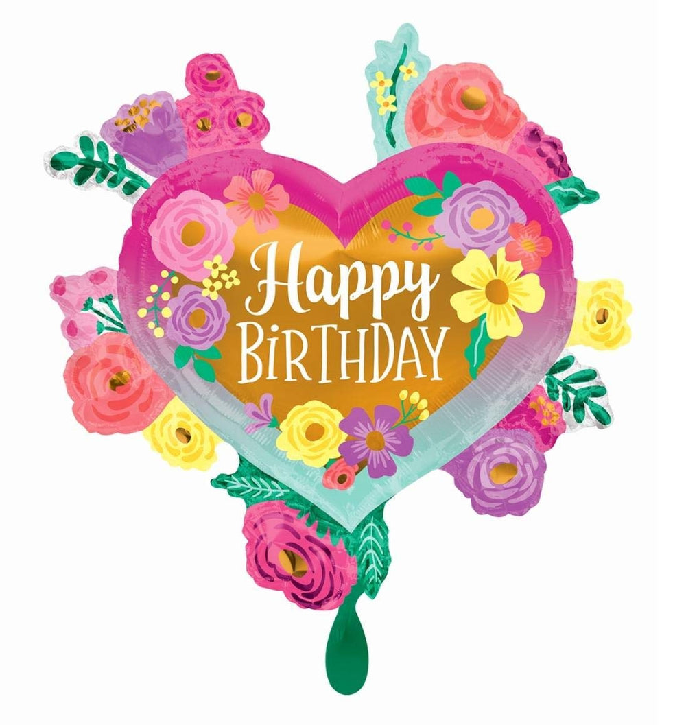 Anagram Happy Birthday Painted Flowers foil balloon, 27-inch eye-catching centerpiece for celebrations.