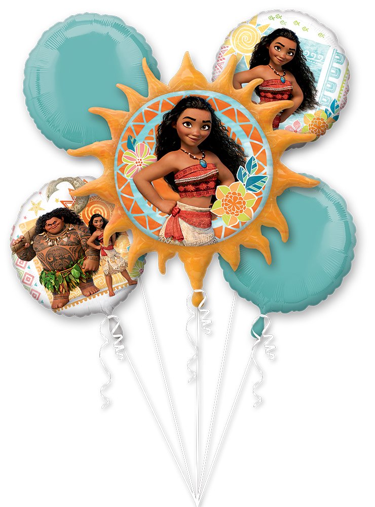 Anagram Moana balloon bouquet with blue and orange foils, ideal as a festive centerpiece.
