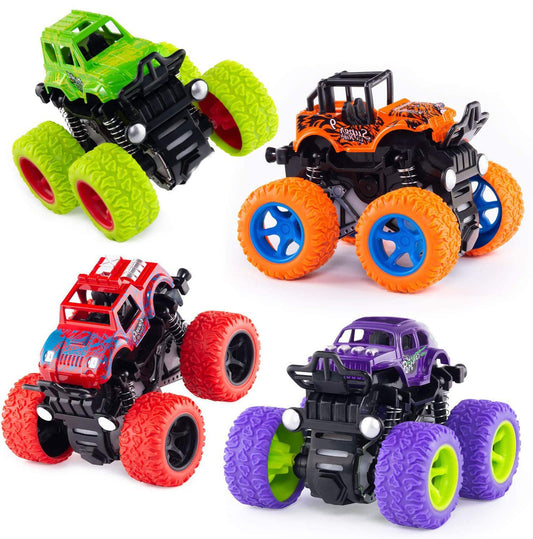 ANAOER monster trucks 4-pack with pull-back action for easy, battery-free fun.