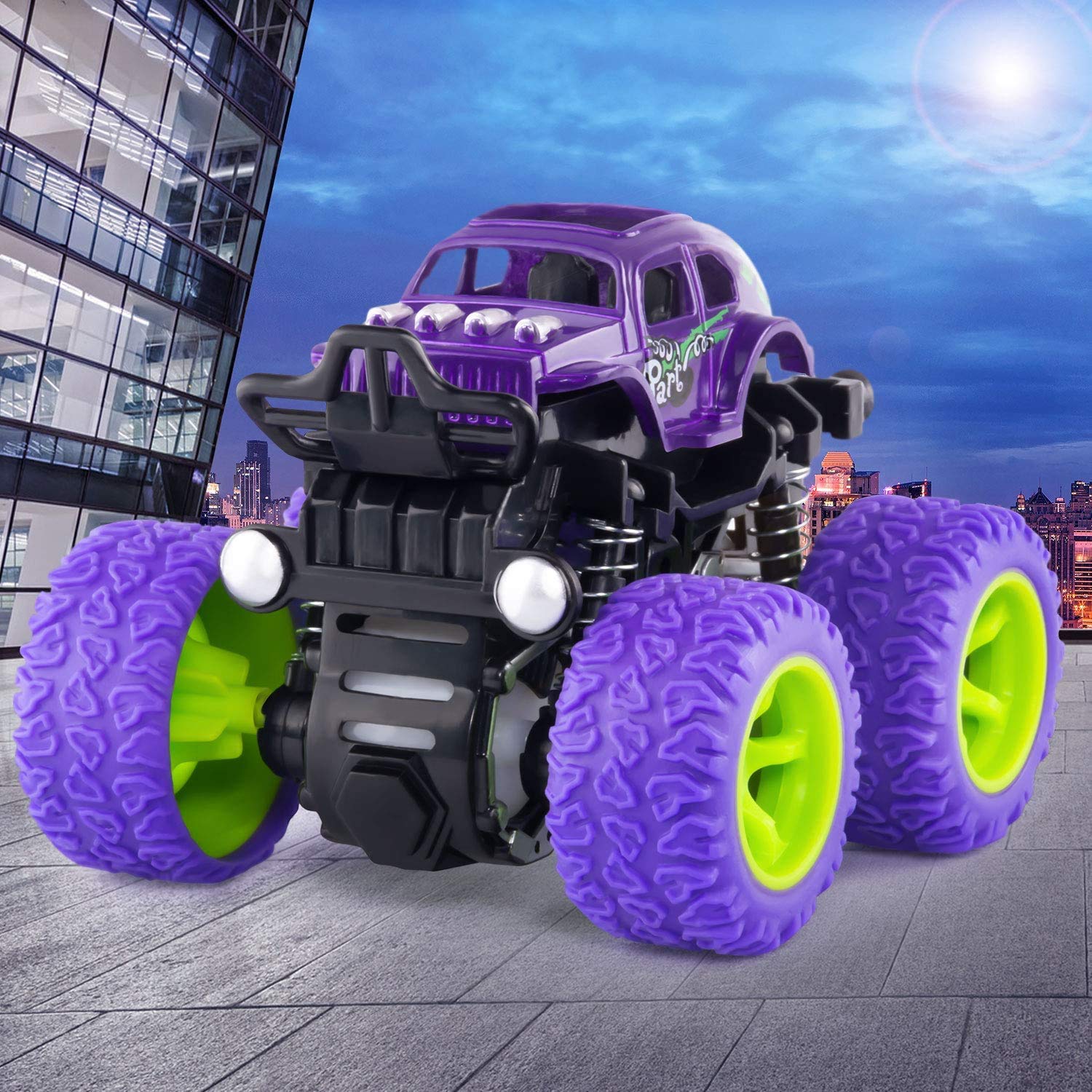 ANAOER monster trucks on varied terrain show obstacle-clearing potential for kids.