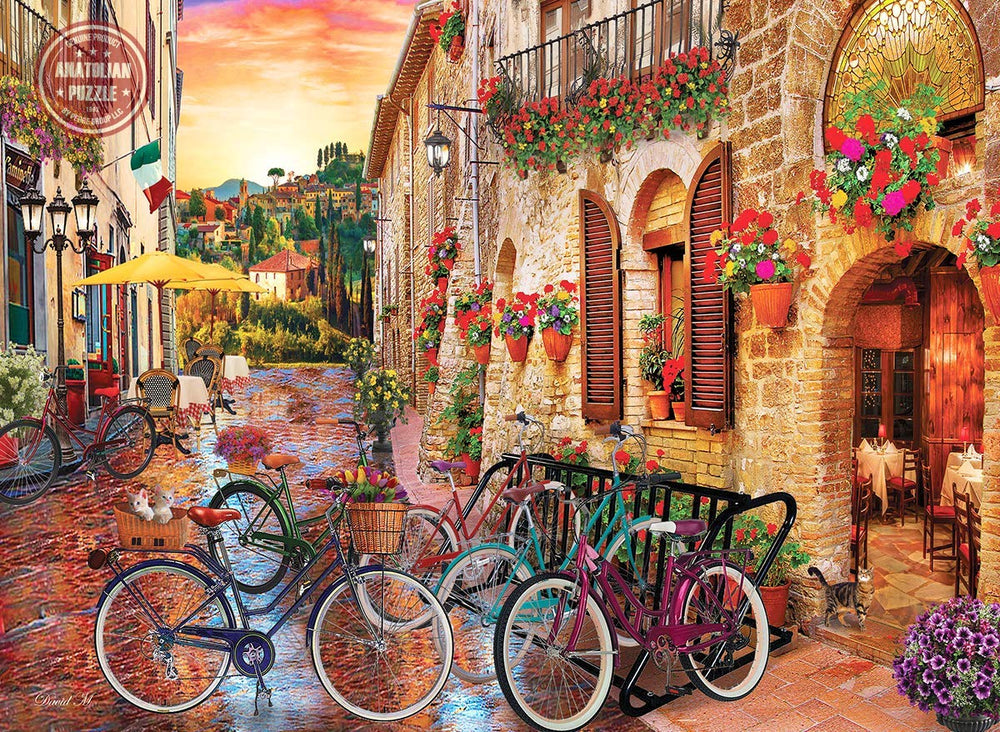 Anatolian Biking in Tuscany 1000-piece puzzle pieces spread reveals bright artwork and texture