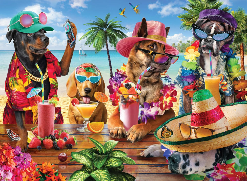 Anatolian 1000-piece puzzle of dogs drinking smoothies on a tropical beach for relaxed evenings.