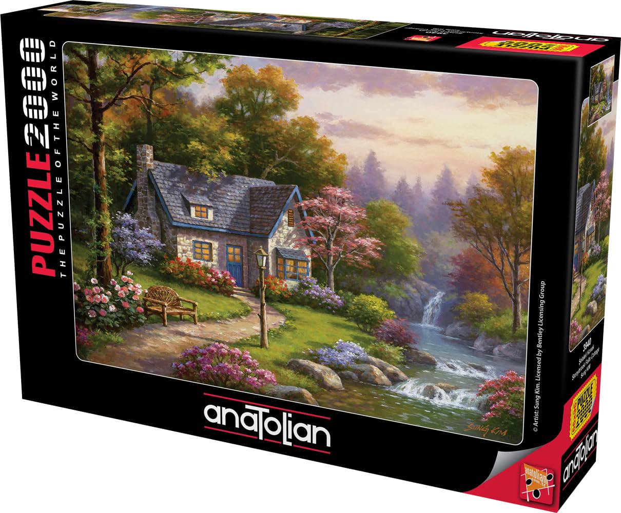 Anatolian Stonybrook Falls Cottage puzzle on an assembly desk for family night