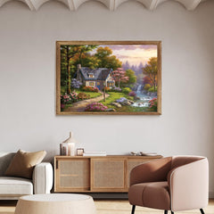 Finished Anatolian Stonybrook Falls Cottage 2000-piece puzzle laid out for display