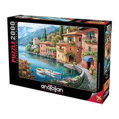 Assembled Villagio Dal Lago 2000-piece puzzle reveals vibrant scene and rewarding completion.
