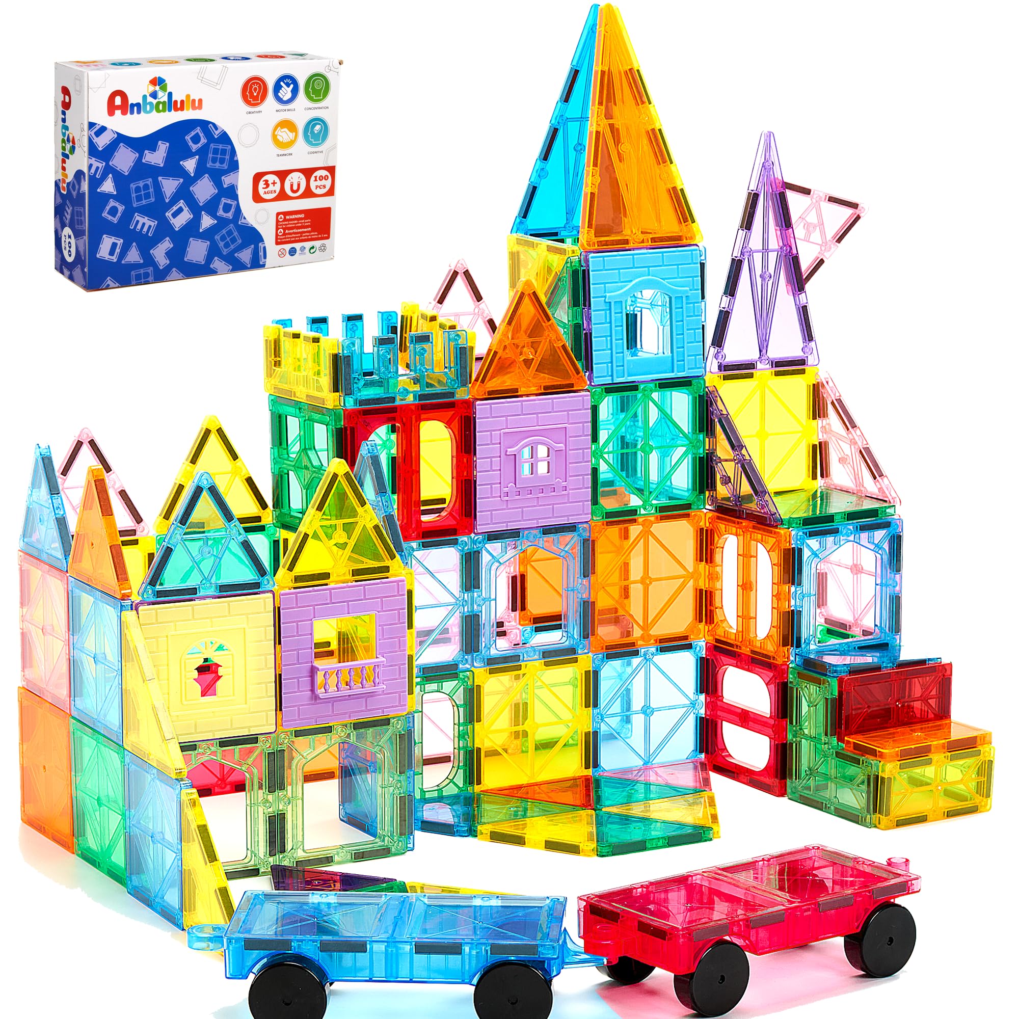 Anbalulu magnetic tiles 100pcs with 2 cars enabling creative building and hands-on play.