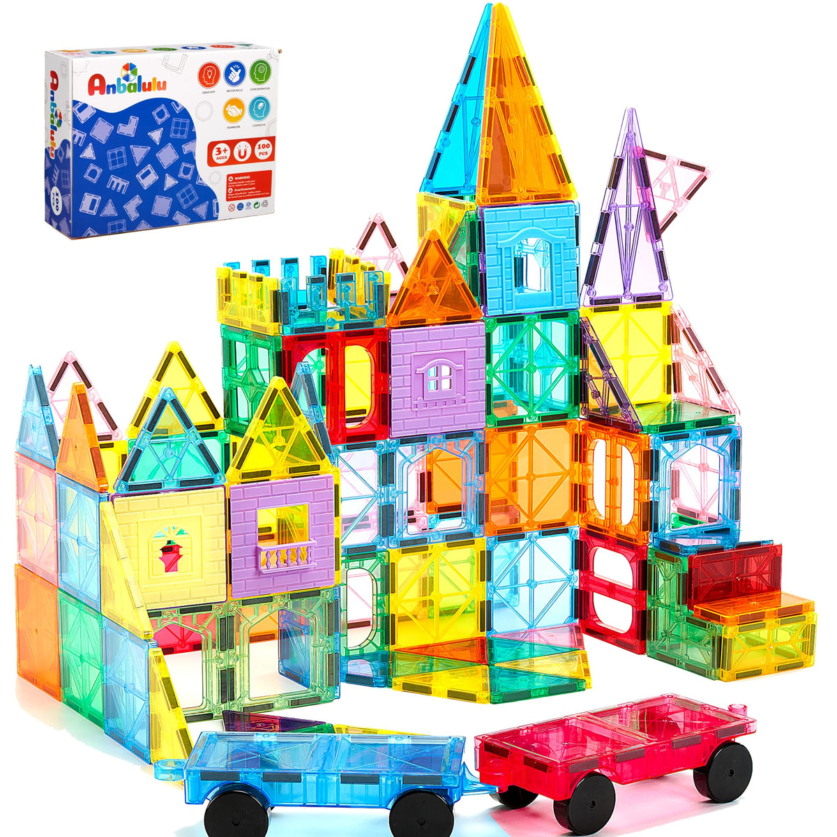 Anbalulu magnetic tiles 100pcs with 2 cars enabling creative building and hands-on play.