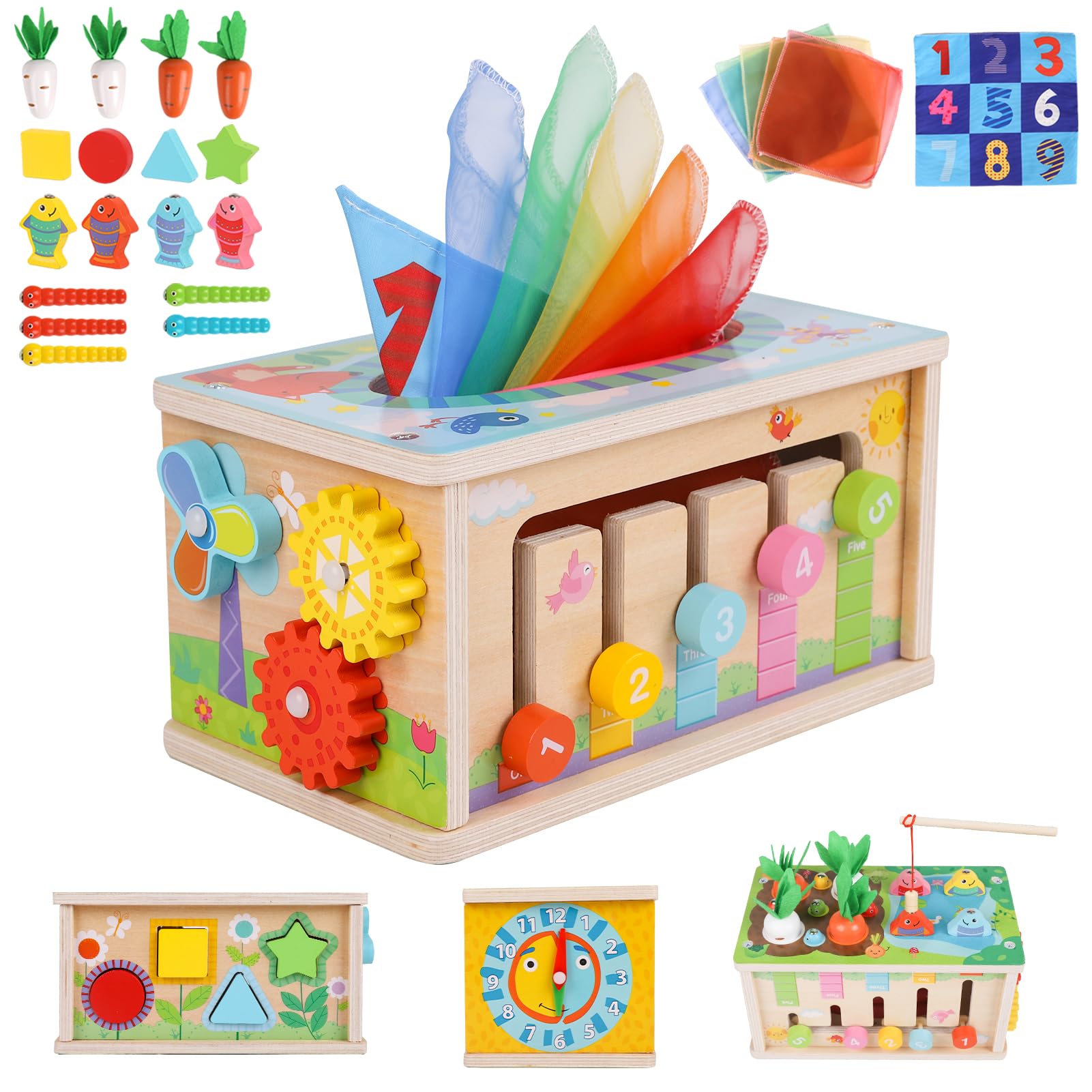 Ancaixin 6-in-1 tissue box toy wooden cube for sensory exploration