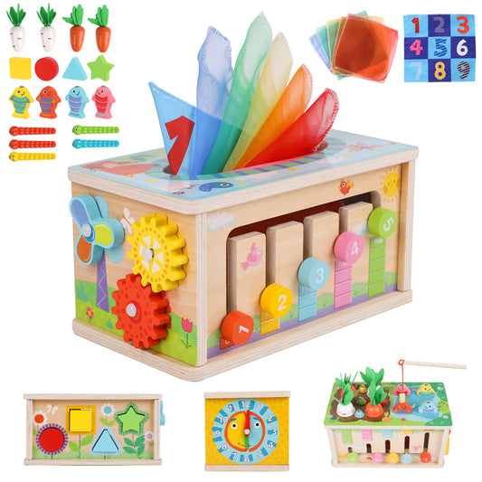 Ancaixin 6-in-1 tissue box toy wooden cube for sensory exploration