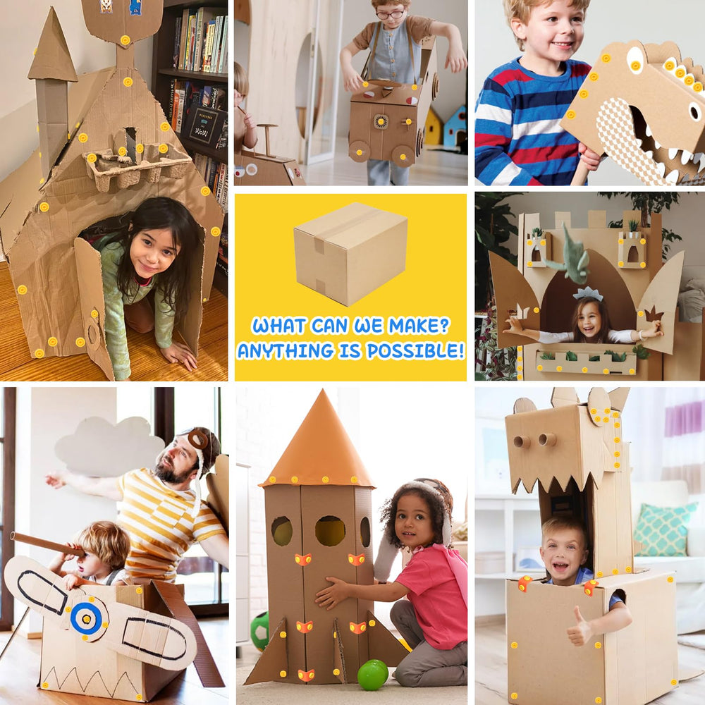Environmentally minded play promotes reuse of cardboard and creative problem solving.