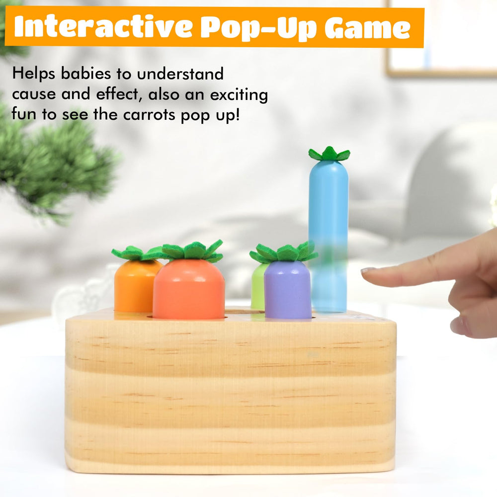 Ancaixin rabbit with carrots illustrating playful hand-eye coordination opportunities.