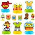 Andi Cppss Boy Story honeycomb centerpiece brightens the birthday table