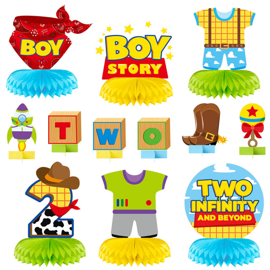 Andi Cppss Boy Story honeycomb centerpiece brightens the birthday table