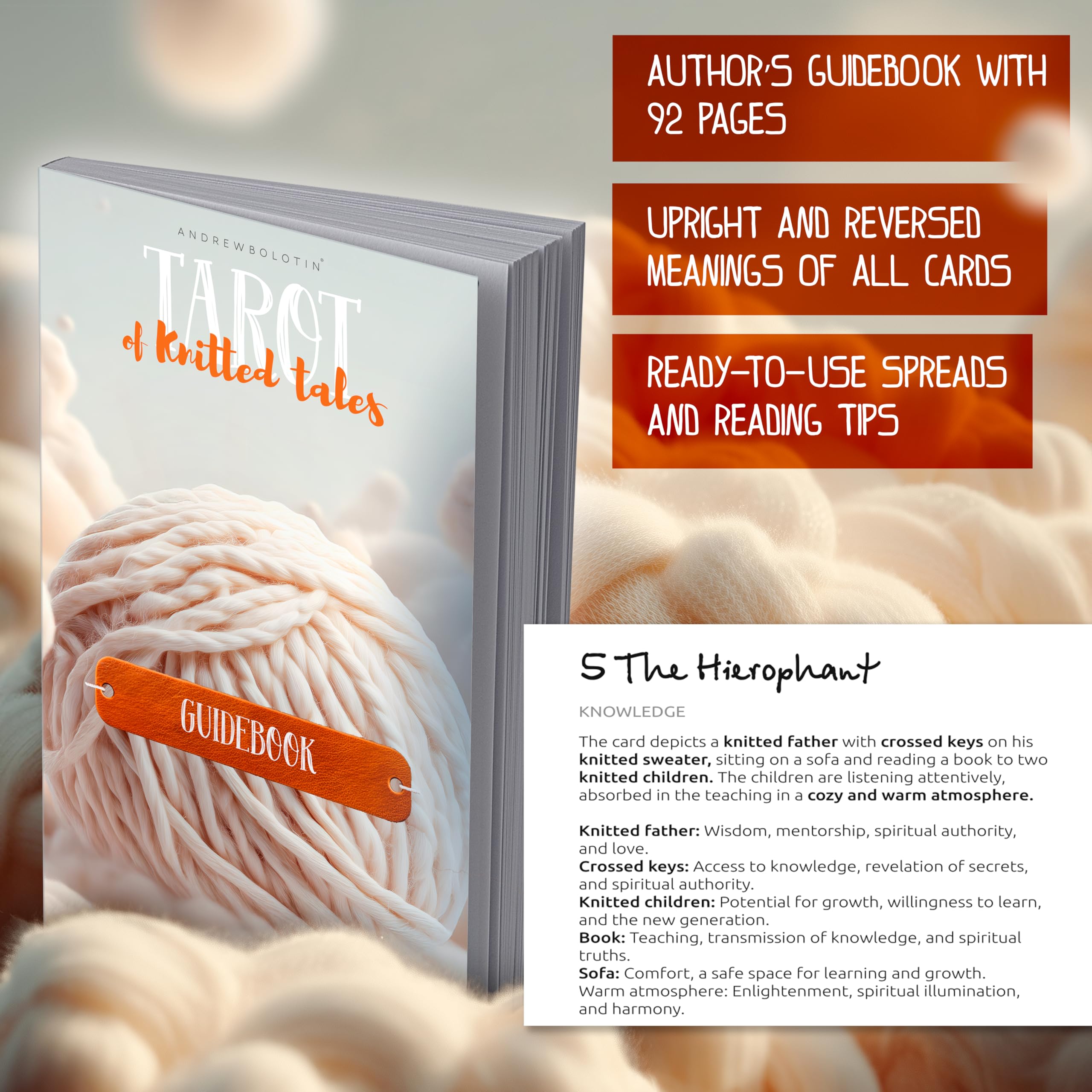 Beautiful knitted character artwork on premium matte cardstock for lasting readings