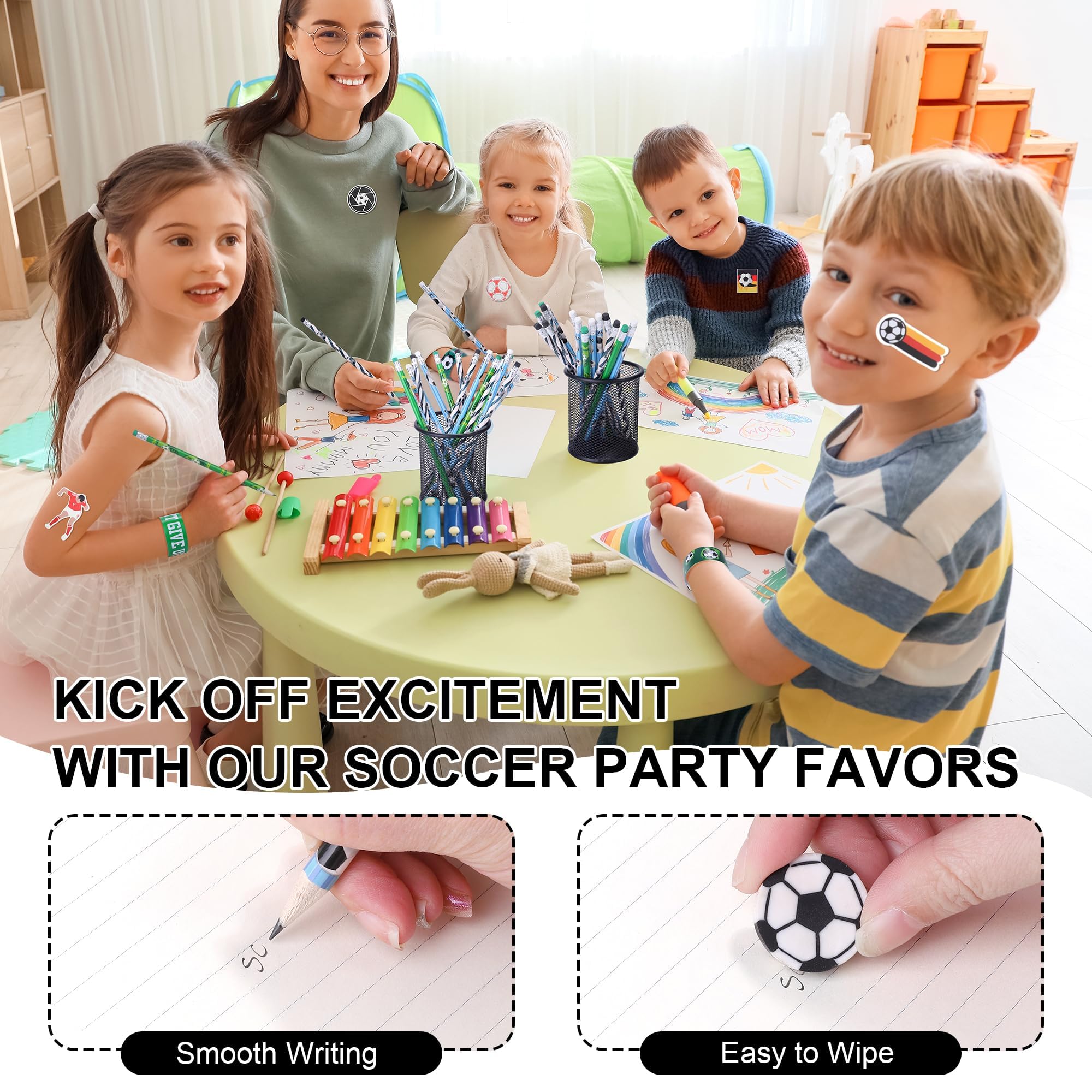 Aneco soccer erasers for quick fixes during crafts and activity worksheets.