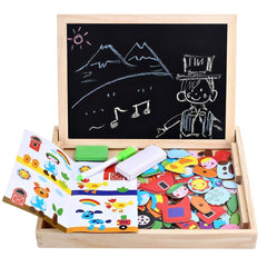 Angelo Home chalkboard side with chalks encourages freehand creativity.