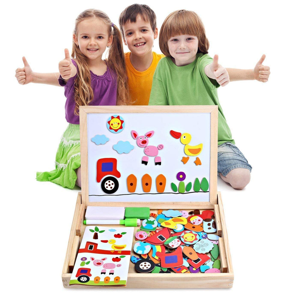 Angelo Home magnetic board puzzle area highlighting 100 jigsaws for ongoing learning.