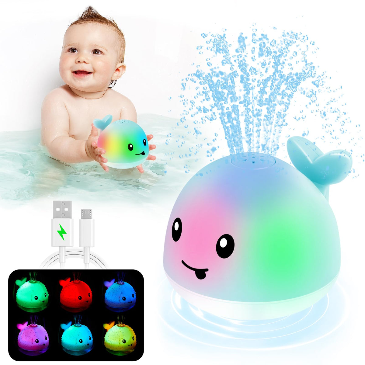 ANGGIKO whale bath toy light up front view for engaging bath time and sensory play