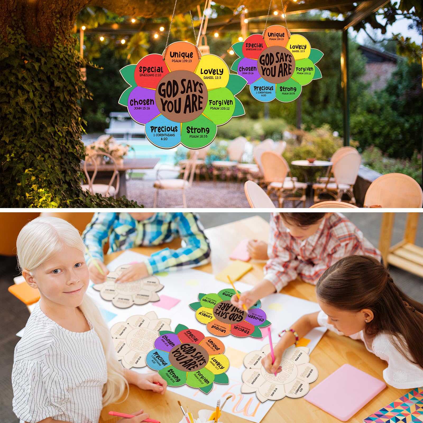 Anglechic sunflower verse craft with string for classroom decor and faith-building activities.