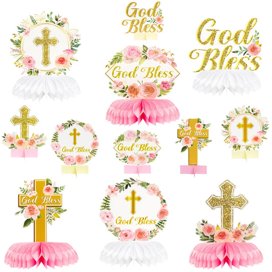 ANGOLIO floral God Bless honeycomb centerpiece for baptism and first communion.