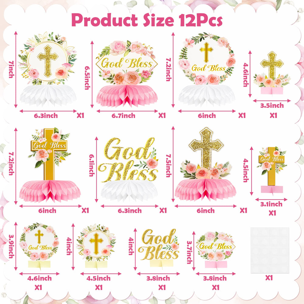 ANGOLIO pink floral cross honeycomb prop for elegant baby shower decor.