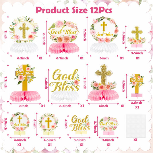 ANGOLIO pink floral cross honeycomb prop for elegant baby shower decor.