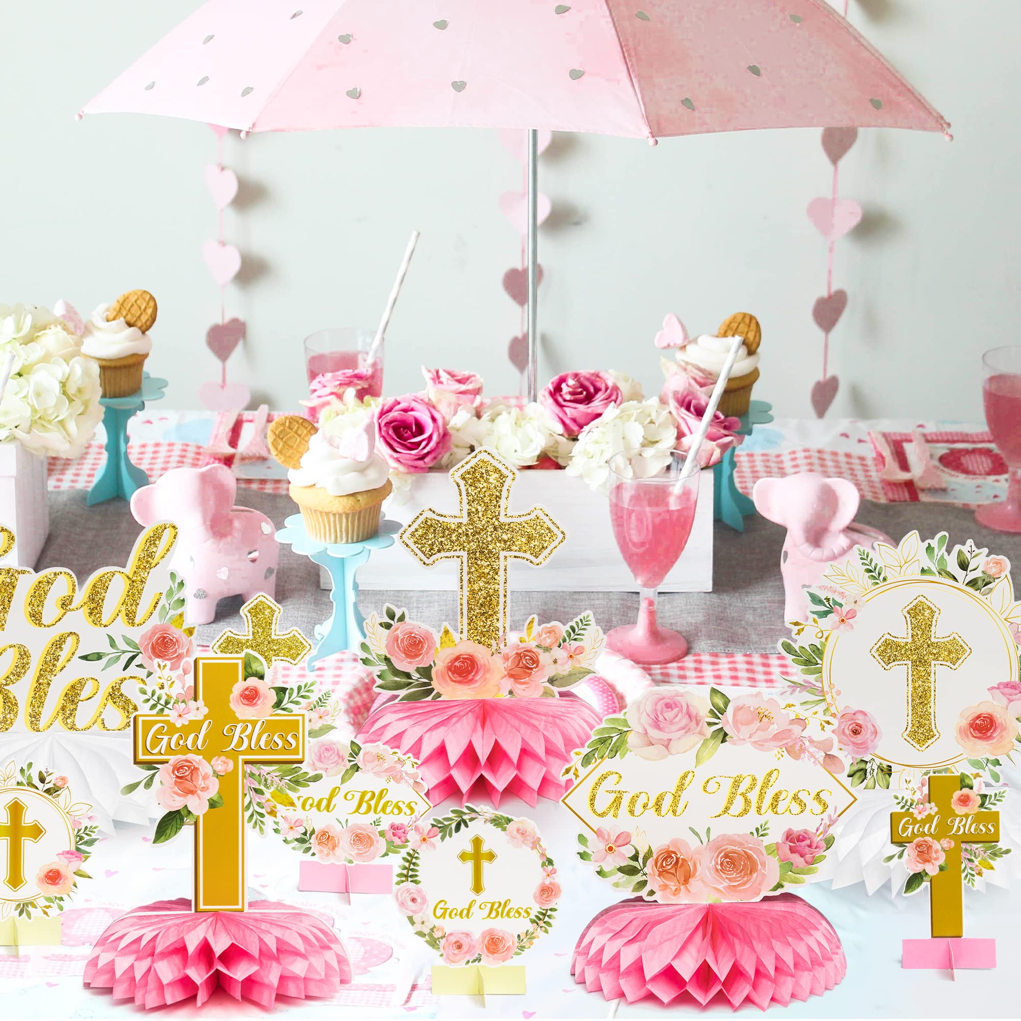 ANGOLIO photo-friendly honeycomb centerpieces for christening celebrations.