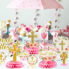 ANGOLIO photo-friendly honeycomb centerpieces for christening celebrations.