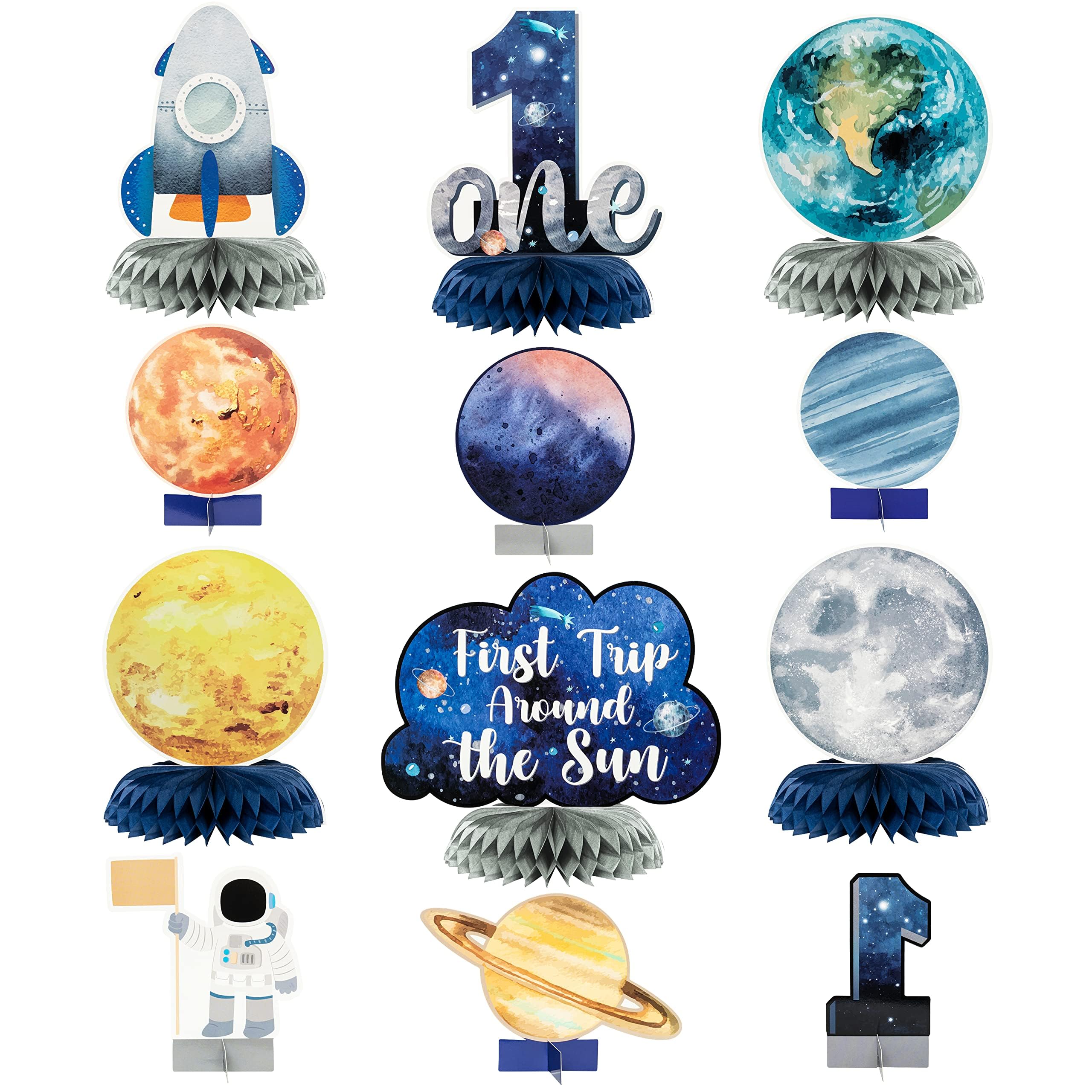 ANGOLIO planets honeycomb centerpiece adds vibrant space-themed charm to your party.