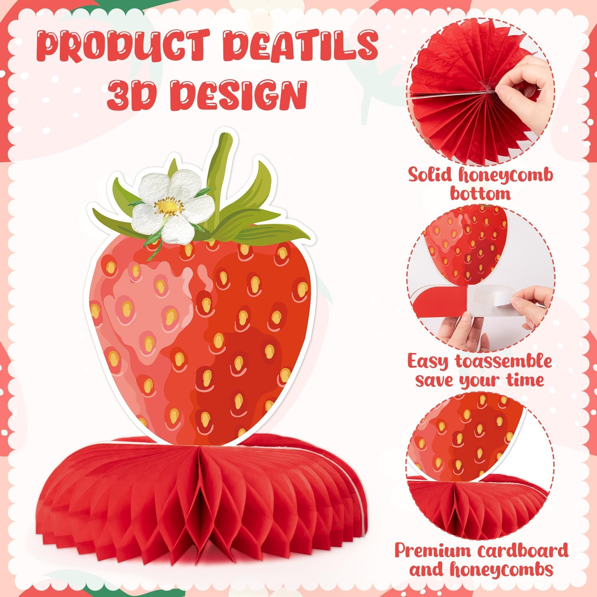 ANGOLIO strawberry romper centerpiece brings playful charm to tables.