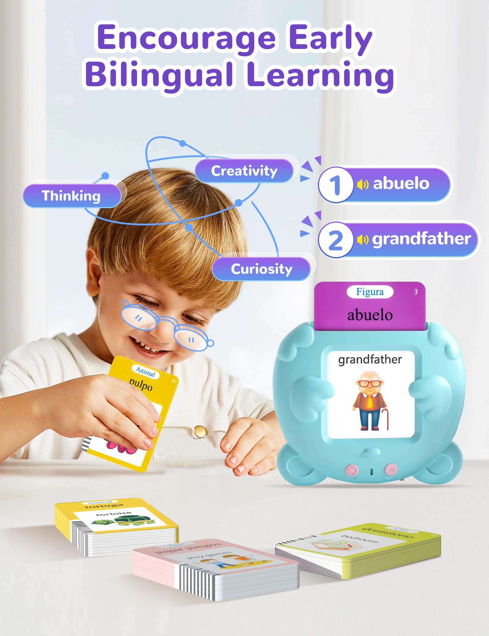 ANhovno bilingual switch enables English Spanish practice.